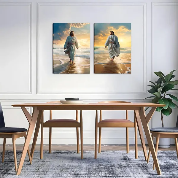 Multicolor_Framed_Jesus_Wall_Art,_Jesus_Walking_on_the_Beach_Canvas_Christian_Religious_Canvas_Wall_Decoration,_Christ_Picture_Poster_Printing_Living_Room_Painting_Bedroom_Church_Decor_12x16_Inch_Set_of_2