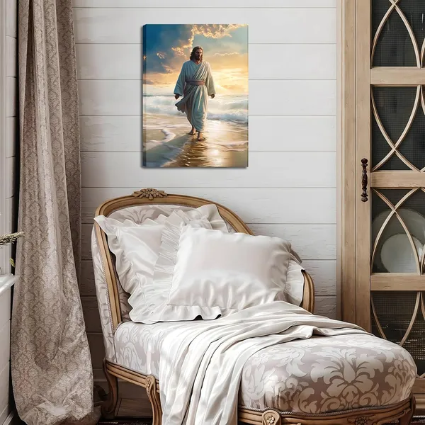 Multicolor_Framed_Jesus_Wall_Art,_Jesus_Walking_on_the_Beach_Canvas_Christian_Religious_Canvas_Wall_Decoration,_Christ_Picture_Poster_Printing_Living_Room_Painting_Bedroom_Church_Decor_12x16_Inch_Set_of_2