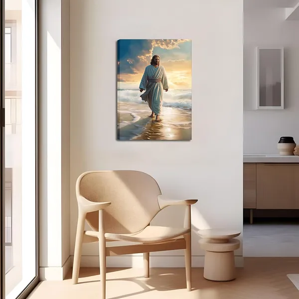 Multicolor_Framed_Jesus_Wall_Art,_Jesus_Walking_on_the_Beach_Canvas_Christian_Religious_Canvas_Wall_Decoration,_Christ_Picture_Poster_Printing_Living_Room_Painting_Bedroom_Church_Decor_12x16_Inch_Set_of_2