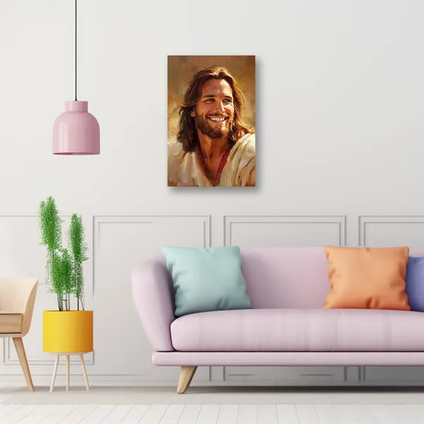 Multicolor_Christian_Canvas_Wall_Art_Smiling_Jesus_Pictures_Print_Christian_Spiritual_Painting_God_Posters_Church_Room_Decor_Frame_(Jesus_-_1,_12.00"_x_18.00")