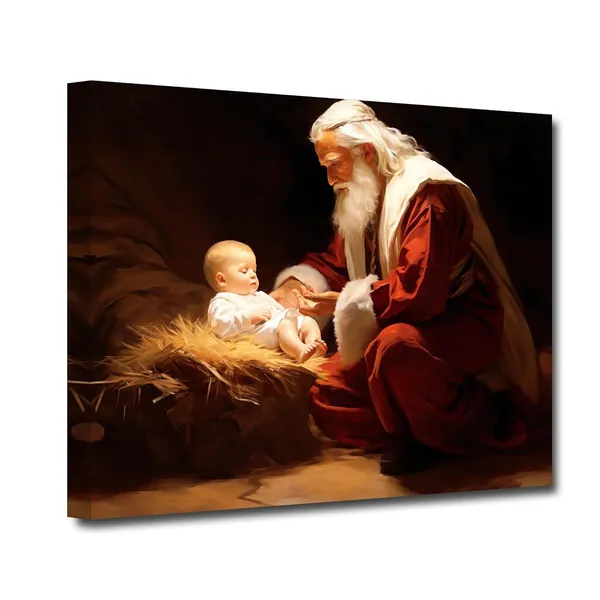 Multicolor_Nativity_Canvas_Wall_Art_Jesus_in_a_Manger_Painting_Prints_Santa_Claus_and_Baby_Jesus_Picture_Christ_Artwork_Christmas_Scene_Decor_(Jesus-3,_12.00"x18.00")
