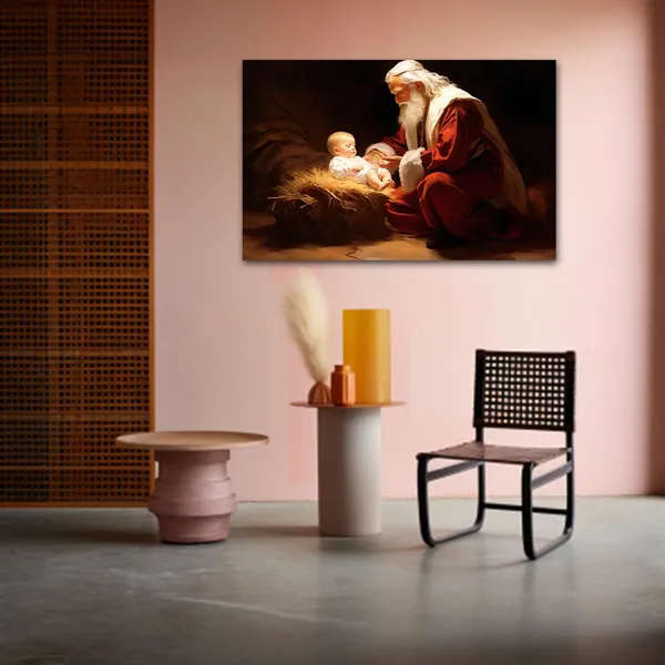 Multicolor_Nativity_Canvas_Wall_Art_Jesus_in_a_Manger_Painting_Prints_Santa_Claus_and_Baby_Jesus_Picture_Christ_Artwork_Christmas_Scene_Decor_(Jesus-3,_12.00"x18.00")