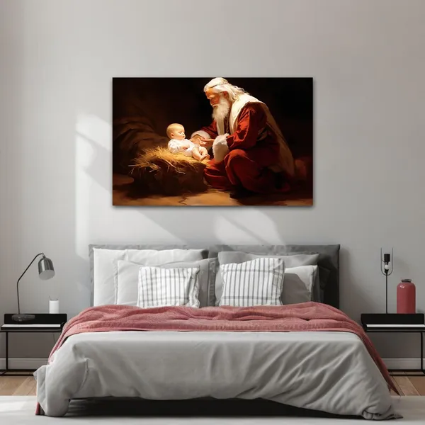 Multicolor_Nativity_Canvas_Wall_Art_Jesus_in_a_Manger_Painting_Prints_Santa_Claus_and_Baby_Jesus_Picture_Christ_Artwork_Christmas_Scene_Decor_(Jesus-3,_12.00"x18.00")