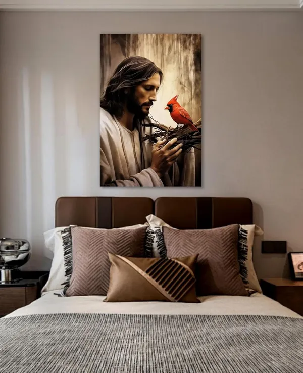 Multicolor_Jesus_Wall_Art_Cardinal_Picture_Canvas_Print_Christian_with_Bird_Vintage_Painting_Artwork_|_For_Living_Room_Bedroom_Office_Home_Wall_Decor_Ready_to_Hang(Art-1,12.00"x18.00")