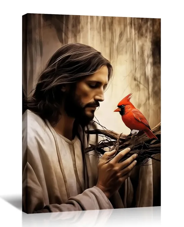 Multicolor_Jesus_Wall_Art_Cardinal_Picture_Canvas_Print_Christian_with_Bird_Vintage_Painting_Artwork_|_For_Living_Room_Bedroom_Office_Home_Wall_Decor_Ready_to_Hang(Art-1,12.00"x18.00")