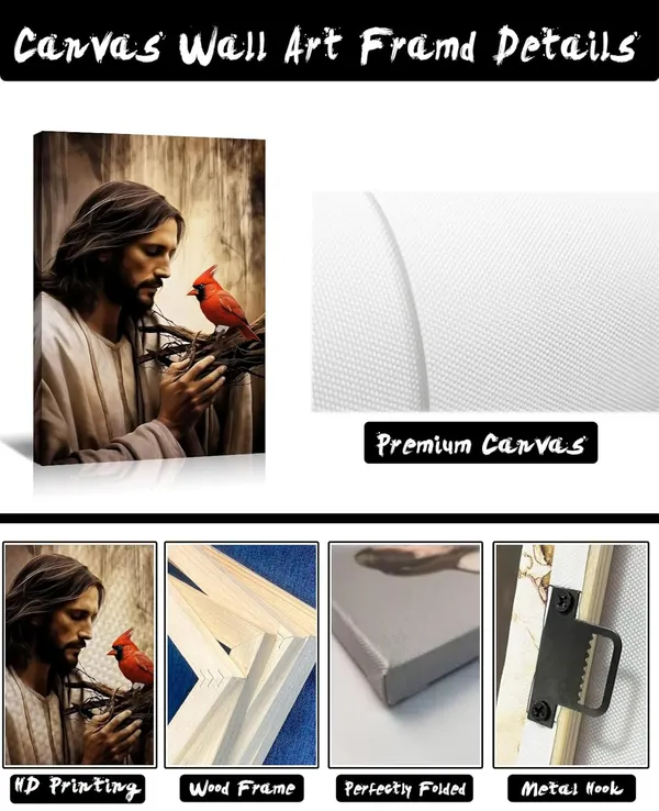 Multicolor_Jesus_Wall_Art_Cardinal_Picture_Canvas_Print_Christian_with_Bird_Vintage_Painting_Artwork_|_For_Living_Room_Bedroom_Office_Home_Wall_Decor_Ready_to_Hang(Art-1,12.00"x18.00")