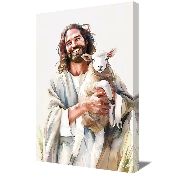 Multicolor_Jesus_Canvas_Wall_Art_Jesus_and_the_Lamb_Pictures_Watercolor_Jesus_Holding_the_Lost_Lamb_Painting_Prints_Scripture_Christian_Decor_(Watercolor,12.00"_x_18.00")