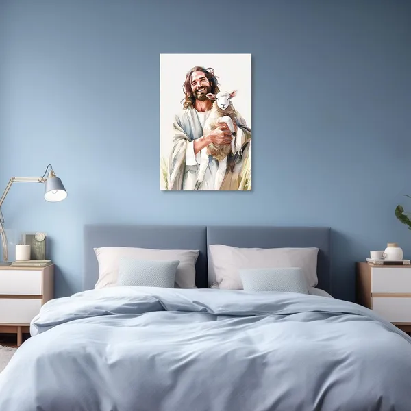 Multicolor_Jesus_Canvas_Wall_Art_Jesus_and_the_Lamb_Pictures_Watercolor_Jesus_Holding_the_Lost_Lamb_Painting_Prints_Scripture_Christian_Decor_(Watercolor,12.00"_x_18.00")