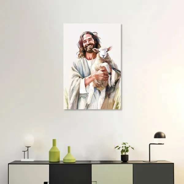 Multicolor_Jesus_Canvas_Wall_Art_Jesus_and_the_Lamb_Pictures_Watercolor_Jesus_Holding_the_Lost_Lamb_Painting_Prints_Scripture_Christian_Decor_(Watercolor,12.00"_x_18.00")