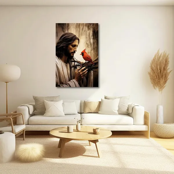Multicolor_Jesus_Canvas_Wall_Art_Bird_In_The_Hands_Of_Jesus_Canvas_Prints_Cardinal_Picture_Christian_God_Posters_|_For_Farmhouse_Decor_Framed_(12.00"x18.00")