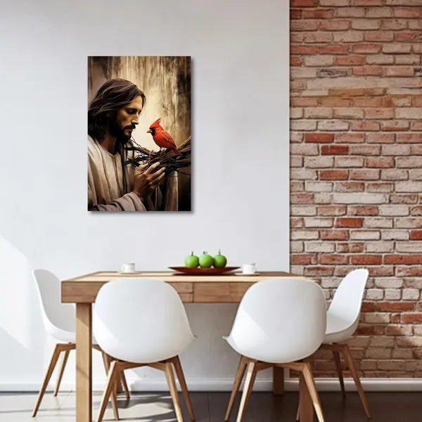 Multicolor_Jesus_Canvas_Wall_Art_Bird_In_The_Hands_Of_Jesus_Canvas_Prints_Cardinal_Picture_Christian_God_Posters_|_For_Farmhouse_Decor_Framed_(12.00"x18.00")