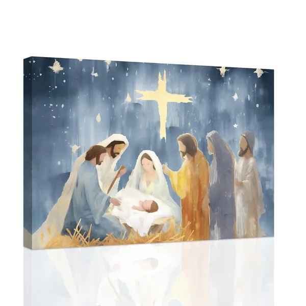 Multicolor_Canvas_Nativity_Baby_Jesus_Wall_Art_Nativity_Scene_Christmas_Pictures_Wall_Decor_Christ_Art_Prints_Framed_(A,_(12.00"_x_18.00"))