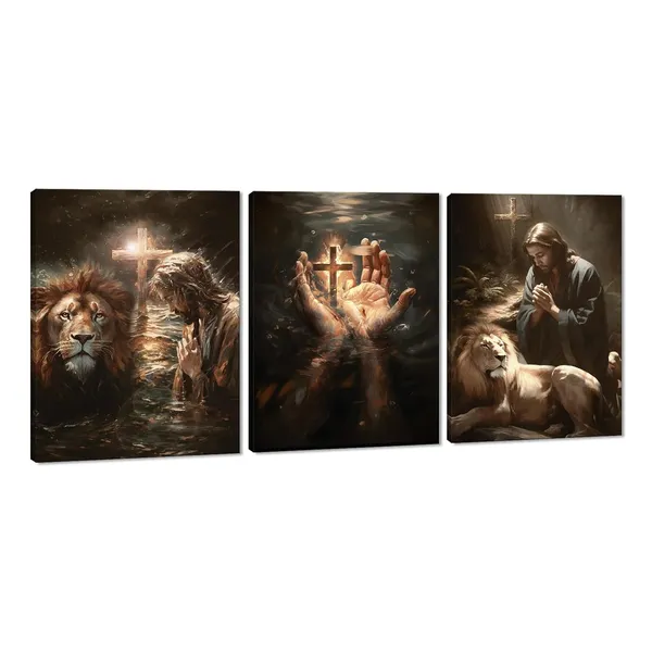Multicolor_Christian_Canvas_Wall_Art_Jesus_and_Lion_Picture_HD_Print_Religious_Wall_Decor_Religious_Framed_Artwork_Suitable_|_For_Living_Room_Bedroom_Decoration_Ready_to_Hang_-_12x16inchx3pcs