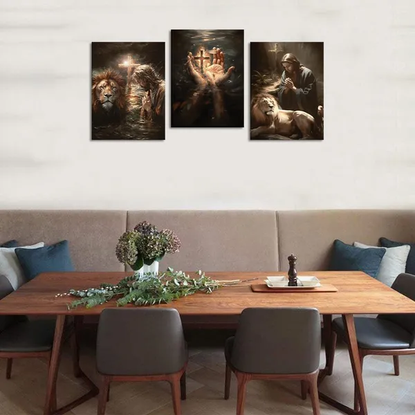 Multicolor_Christian_Canvas_Wall_Art_Jesus_and_Lion_Picture_HD_Print_Religious_Wall_Decor_Religious_Framed_Artwork_Suitable_|_For_Living_Room_Bedroom_Decoration_Ready_to_Hang_-_12x16inchx3pcs