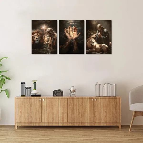 Multicolor_Christian_Canvas_Wall_Art_Jesus_and_Lion_Picture_HD_Print_Religious_Wall_Decor_Religious_Framed_Artwork_Suitable_|_For_Living_Room_Bedroom_Decoration_Ready_to_Hang_-_12x16inchx3pcs