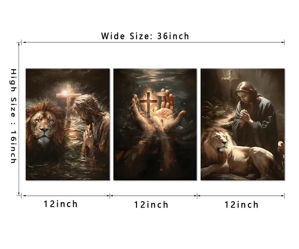 Multicolor_Christian_Canvas_Wall_Art_Jesus_and_Lion_Picture_HD_Print_Religious_Wall_Decor_Religious_Framed_Artwork_Suitable_|_For_Living_Room_Bedroom_Decoration_Ready_to_Hang_-_12x16inchx3pcs