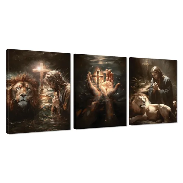 Multicolor_Novatique_Lion_Religious_Wall_Art_Jesus_Lion_Fighting_Canvas_Painting_Can_Be_Hanged_Directly_Praying_|_For_the_Hand_of_God_Religious_Wall_Decor_Suitable_|_For_Living_Room_Bedroom,12??16??3Pcs