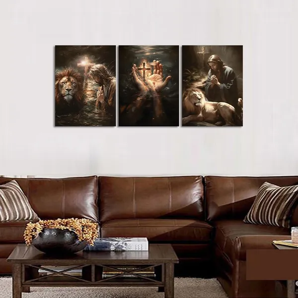 Multicolor_Novatique_Lion_Religious_Wall_Art_Jesus_Lion_Fighting_Canvas_Painting_Can_Be_Hanged_Directly_Praying_|_For_the_Hand_of_God_Religious_Wall_Decor_Suitable_|_For_Living_Room_Bedroom,12??16??3Pcs