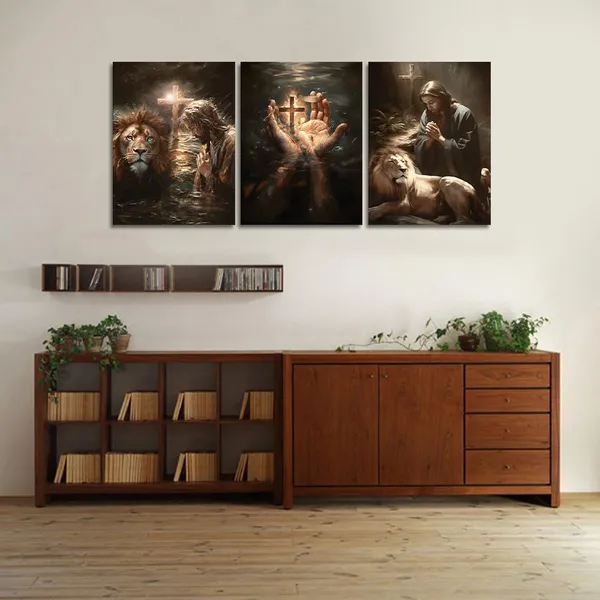 Multicolor_Novatique_Lion_Religious_Wall_Art_Jesus_Lion_Fighting_Canvas_Painting_Can_Be_Hanged_Directly_Praying_|_For_the_Hand_of_God_Religious_Wall_Decor_Suitable_|_For_Living_Room_Bedroom,12??16??3Pcs