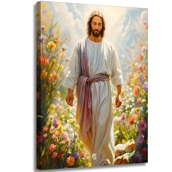 Multicolor_Jesus_Canvas_Wall_Art_Christian_Picture_Jesus_Walking_Among_Wildflowers_Jesus_Christ_Watercolor_Painting_Print_Modern_Christian_Wall_Decor_|_For_Living_Room_Bedroom_Home_Office_Church_16x24in_Framed
