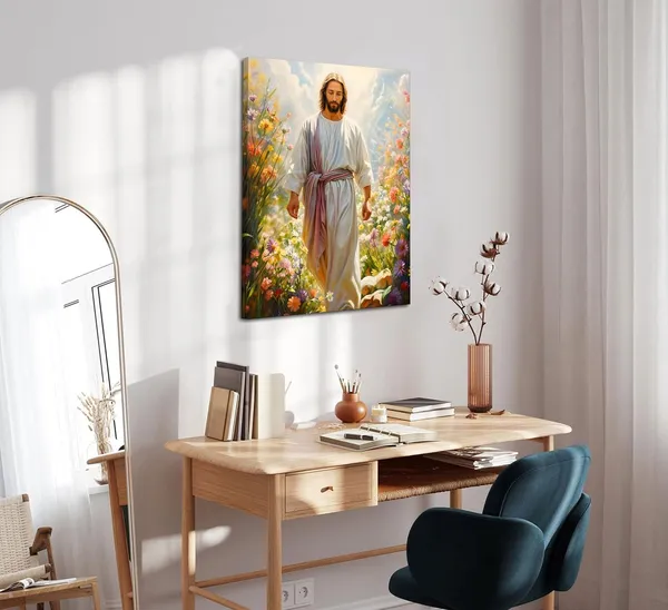 Multicolor_Jesus_Canvas_Wall_Art_Christian_Picture_Jesus_Walking_Among_Wildflowers_Jesus_Christ_Watercolor_Painting_Print_Modern_Christian_Wall_Decor_|_For_Living_Room_Bedroom_Home_Office_Church_16x24in_Framed