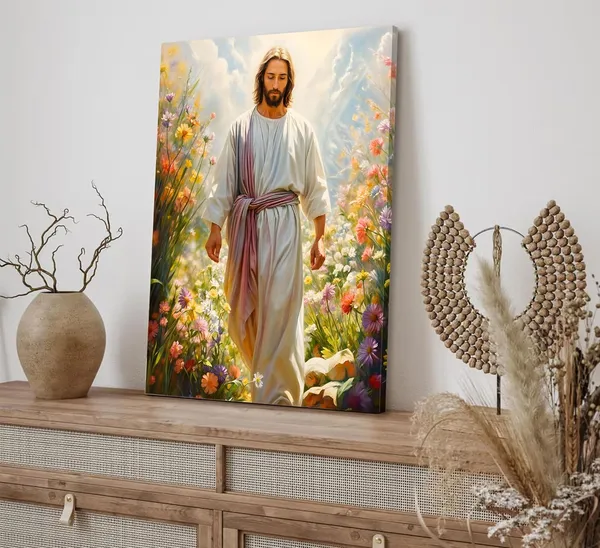 Multicolor_Jesus_Canvas_Wall_Art_Christian_Picture_Jesus_Walking_Among_Wildflowers_Jesus_Christ_Watercolor_Painting_Print_Modern_Christian_Wall_Decor_|_For_Living_Room_Bedroom_Home_Office_Church_16x24in_Framed