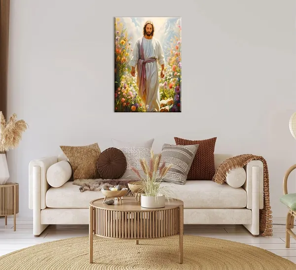 Multicolor_Jesus_Canvas_Wall_Art_Christian_Picture_Jesus_Walking_Among_Wildflowers_Jesus_Christ_Watercolor_Painting_Print_Modern_Christian_Wall_Decor_|_For_Living_Room_Bedroom_Home_Office_Church_16x24in_Framed