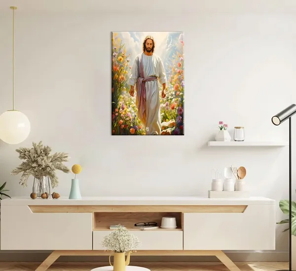 Multicolor_Jesus_Canvas_Wall_Art_Christian_Picture_Jesus_Walking_Among_Wildflowers_Jesus_Christ_Watercolor_Painting_Print_Modern_Christian_Wall_Decor_|_For_Living_Room_Bedroom_Home_Office_Church_16x24in_Framed