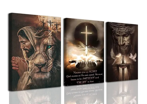 Multicolor_Jesus_Wall_Art_Christian_Catholic_Canvas_Prints_Religious_Cross_Bible_Picture_Poster_Painting_Set_of_3_God_Lion_Prayer_Dark_Wall_Decor_Artwork_|_For_Living_Room_Bedroom_Church_12"x16"_Framed