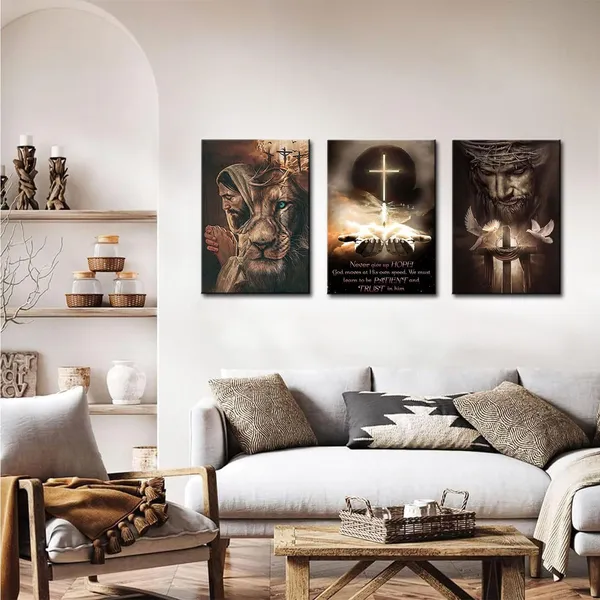 Multicolor_Jesus_Wall_Art_Christian_Catholic_Canvas_Prints_Religious_Cross_Bible_Picture_Poster_Painting_Set_of_3_God_Lion_Prayer_Dark_Wall_Decor_Artwork_|_For_Living_Room_Bedroom_Church_12"x16"_Framed
