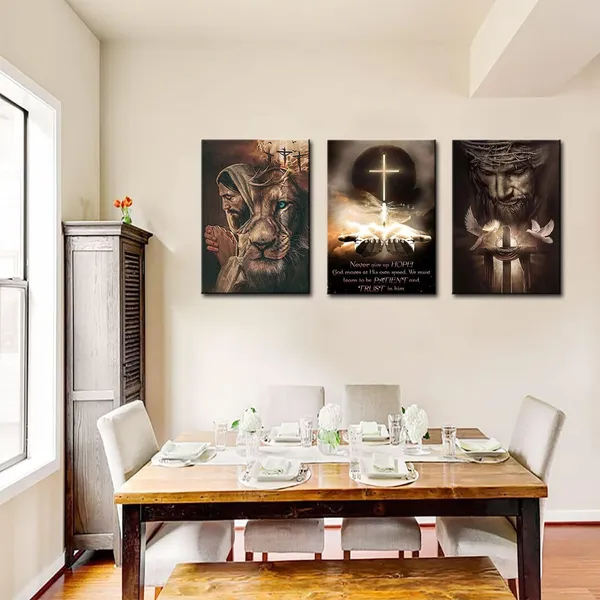 Multicolor_Jesus_Wall_Art_Christian_Catholic_Canvas_Prints_Religious_Cross_Bible_Picture_Poster_Painting_Set_of_3_God_Lion_Prayer_Dark_Wall_Decor_Artwork_|_For_Living_Room_Bedroom_Church_12"x16"_Framed