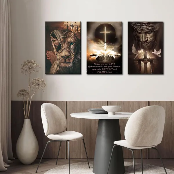 Multicolor_Jesus_Wall_Art_Christian_Catholic_Canvas_Prints_Religious_Cross_Bible_Picture_Poster_Painting_Set_of_3_God_Lion_Prayer_Dark_Wall_Decor_Artwork_|_For_Living_Room_Bedroom_Church_12"x16"_Framed