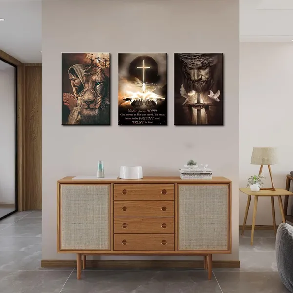 Multicolor_Jesus_Wall_Art_Christian_Catholic_Canvas_Prints_Religious_Cross_Bible_Picture_Poster_Painting_Set_of_3_God_Lion_Prayer_Dark_Wall_Decor_Artwork_|_For_Living_Room_Bedroom_Church_12"x16"_Framed