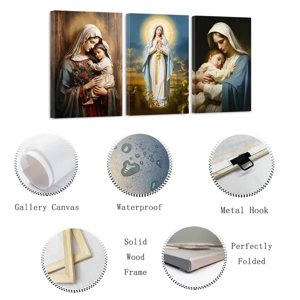 Multicolor_Virgin_Mary_Canvas_Wall_Art_3_Pieces_Jesus_Mother_Painting_Prints_Catholic_Spiritual_Pictures_Wall_Decor_|_For_Office_Church_Prayer_Room_Framed(2,_(11.00"_x_14.00"_x_3PCS))