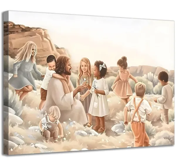 Multicolor_1_Pcs_Jesus_With_Children_Christian_Canvas_Framed_Wall_Art_Jesus_Christ_Playing_With_Children_in_The_Garden_Pictures_Jesus_Blessing_Poster_Prints_Home_Watercolor_Wall_Decor_16x24in