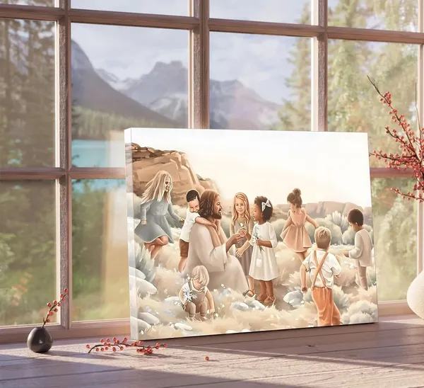Multicolor_1_Pcs_Jesus_With_Children_Christian_Canvas_Framed_Wall_Art_Jesus_Christ_Playing_With_Children_in_The_Garden_Pictures_Jesus_Blessing_Poster_Prints_Home_Watercolor_Wall_Decor_16x24in