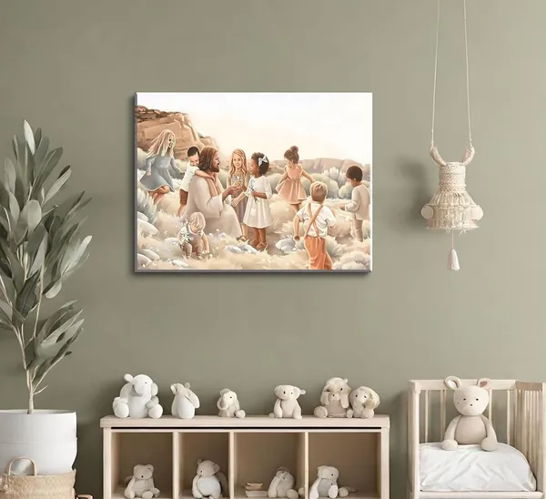 Multicolor_1_Pcs_Jesus_With_Children_Christian_Canvas_Framed_Wall_Art_Jesus_Christ_Playing_With_Children_in_The_Garden_Pictures_Jesus_Blessing_Poster_Prints_Home_Watercolor_Wall_Decor_16x24in