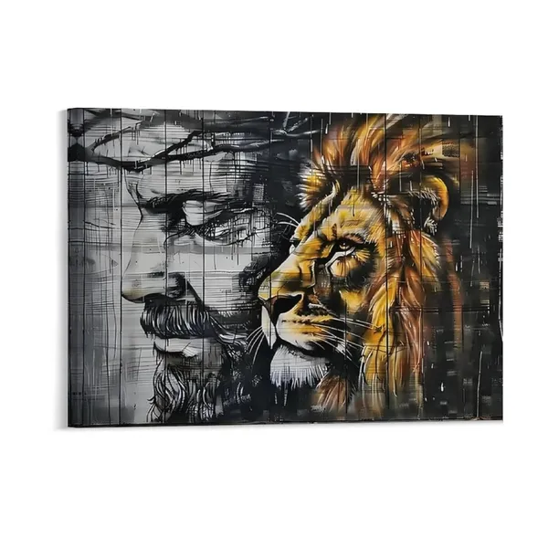Multicolor_Black_and_White_Religious_Christianity_Canvas_Wall_Art_Jesus_and_Lion_Paintings_Graffiti_Wall_Art_Home_Decor_|_For_Living_Room_Bedroom_Church_Office_Ready_to_Hang_16"x24"