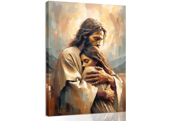Multicolor_Jesus_Embracing_Woman_Wall_Art_Safe_Haven_Poster_Jesus_Canvas_Prints_Christian_Spiritual_Painting_Bible_Art_Pictures_Jesus_and_Girl_Wall_Decor_|_For_Bedroom_Living_Room_Dining_Room_Church_Framed