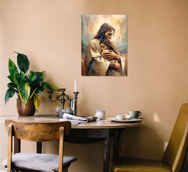 Multicolor_Jesus_Embracing_Woman_Wall_Art_Safe_Haven_Poster_Jesus_Canvas_Prints_Christian_Spiritual_Painting_Bible_Art_Pictures_Jesus_and_Girl_Wall_Decor_|_For_Bedroom_Living_Room_Dining_Room_Church_Framed