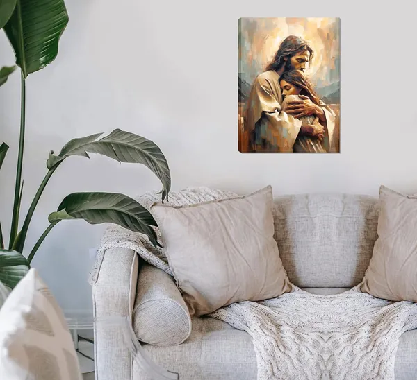 Multicolor_Jesus_Embracing_Woman_Wall_Art_Safe_Haven_Poster_Jesus_Canvas_Prints_Christian_Spiritual_Painting_Bible_Art_Pictures_Jesus_and_Girl_Wall_Decor_|_For_Bedroom_Living_Room_Dining_Room_Church_Framed