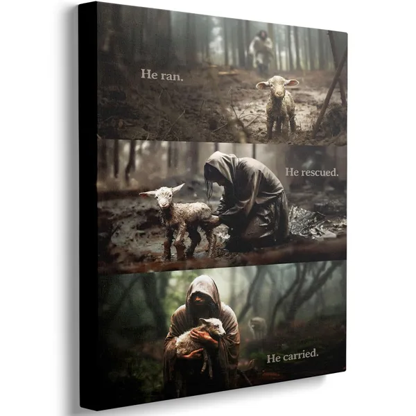 Multicolor_He_Ran,_He_Rescued_He_Carried_Canvas_Print_Depicting_Jesus_and_Lost_Sheep_Christian_Wall_Decor_With_Words_16x24_inch