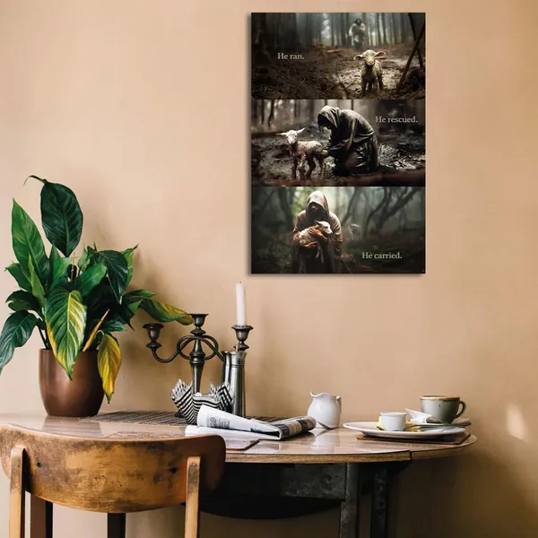 Multicolor_He_Ran,_He_Rescued_He_Carried_Canvas_Print_Depicting_Jesus_and_Lost_Sheep_Christian_Wall_Decor_With_Words_16x24_inch
