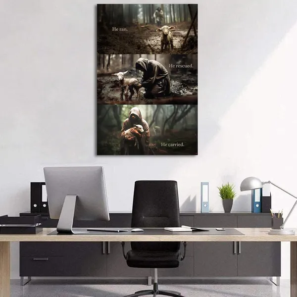 Multicolor_He_Ran,_He_Rescued_He_Carried_Canvas_Print_Depicting_Jesus_and_Lost_Sheep_Christian_Wall_Decor_With_Words_16x24_inch