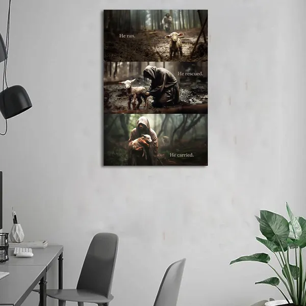 Multicolor_He_Ran,_He_Rescued_He_Carried_Canvas_Print_Depicting_Jesus_and_Lost_Sheep_Christian_Wall_Decor_With_Words_16x24_inch
