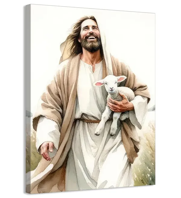 Multicolor_Jesus_and_Lamb_Wall_Art_Picture_Bible_Story_Jesus_Finds_the_Lost_Lamb_Canvas_Print_Christian_Salvation_Wall_decor_Poster_Painting_16x24in_Framed