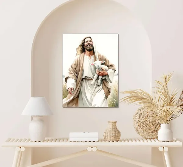 Multicolor_Jesus_and_Lamb_Wall_Art_Picture_Bible_Story_Jesus_Finds_the_Lost_Lamb_Canvas_Print_Christian_Salvation_Wall_decor_Poster_Painting_16x24in_Framed