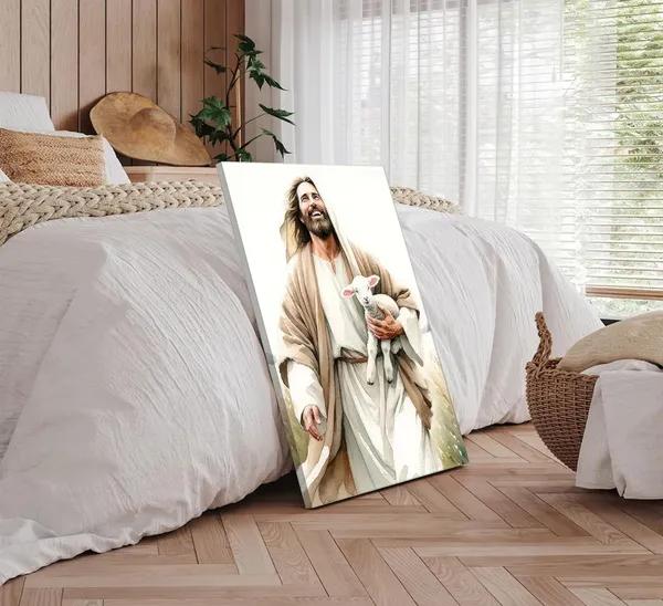 Multicolor_Jesus_and_Lamb_Wall_Art_Picture_Bible_Story_Jesus_Finds_the_Lost_Lamb_Canvas_Print_Christian_Salvation_Wall_decor_Poster_Painting_16x24in_Framed