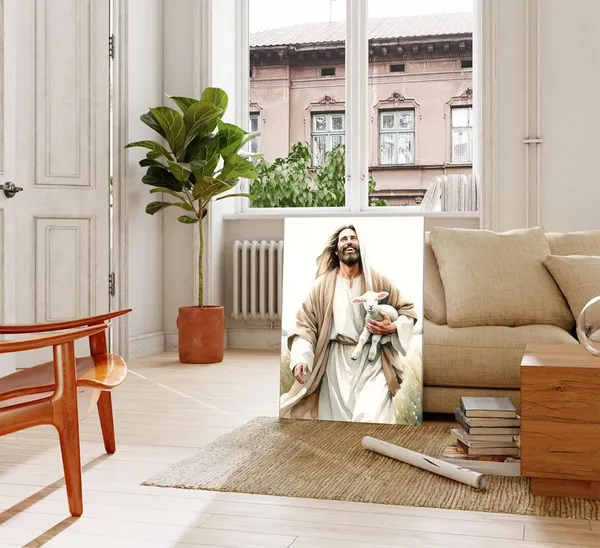 Multicolor_Jesus_and_Lamb_Wall_Art_Picture_Bible_Story_Jesus_Finds_the_Lost_Lamb_Canvas_Print_Christian_Salvation_Wall_decor_Poster_Painting_16x24in_Framed