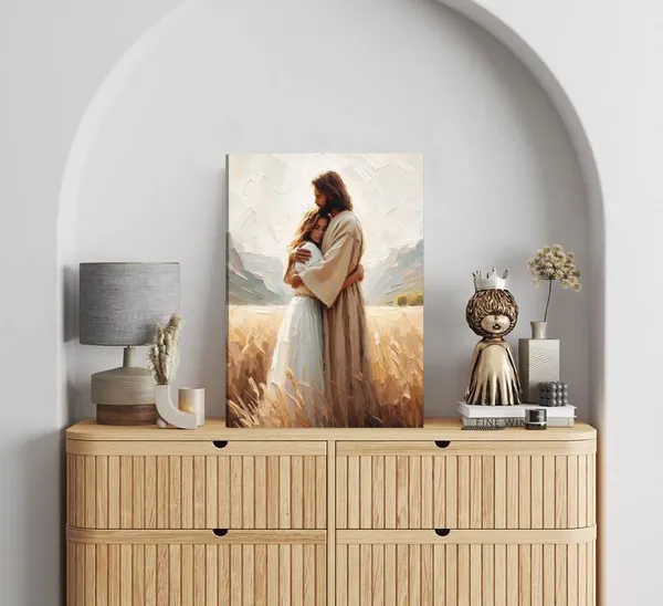 Multicolor_Framed_Jesus_Embracing_Woman_Canvas_Wall_Art_Safe_In_His_Arms_Decor_Picture_Christian_Painting_Poster_Prints_|_For_Bedroom_Living_Room_Dining_Room_Home_Decoration